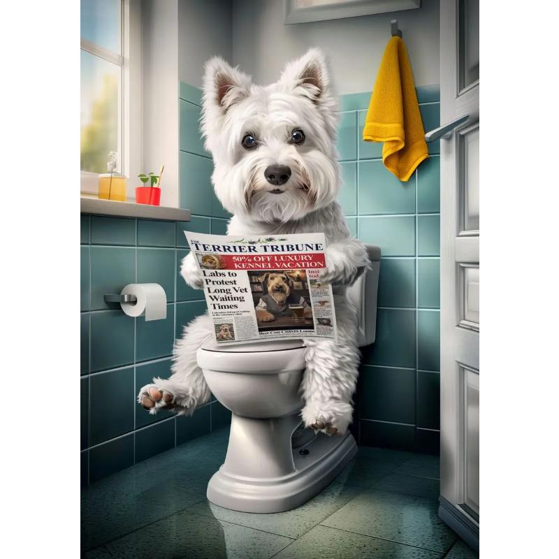 Modern Lion Dog Highland Sitting On Toilet Reading Newspaper Poster Funny Animal Print Canvas Painting Bathroom Decor Picture