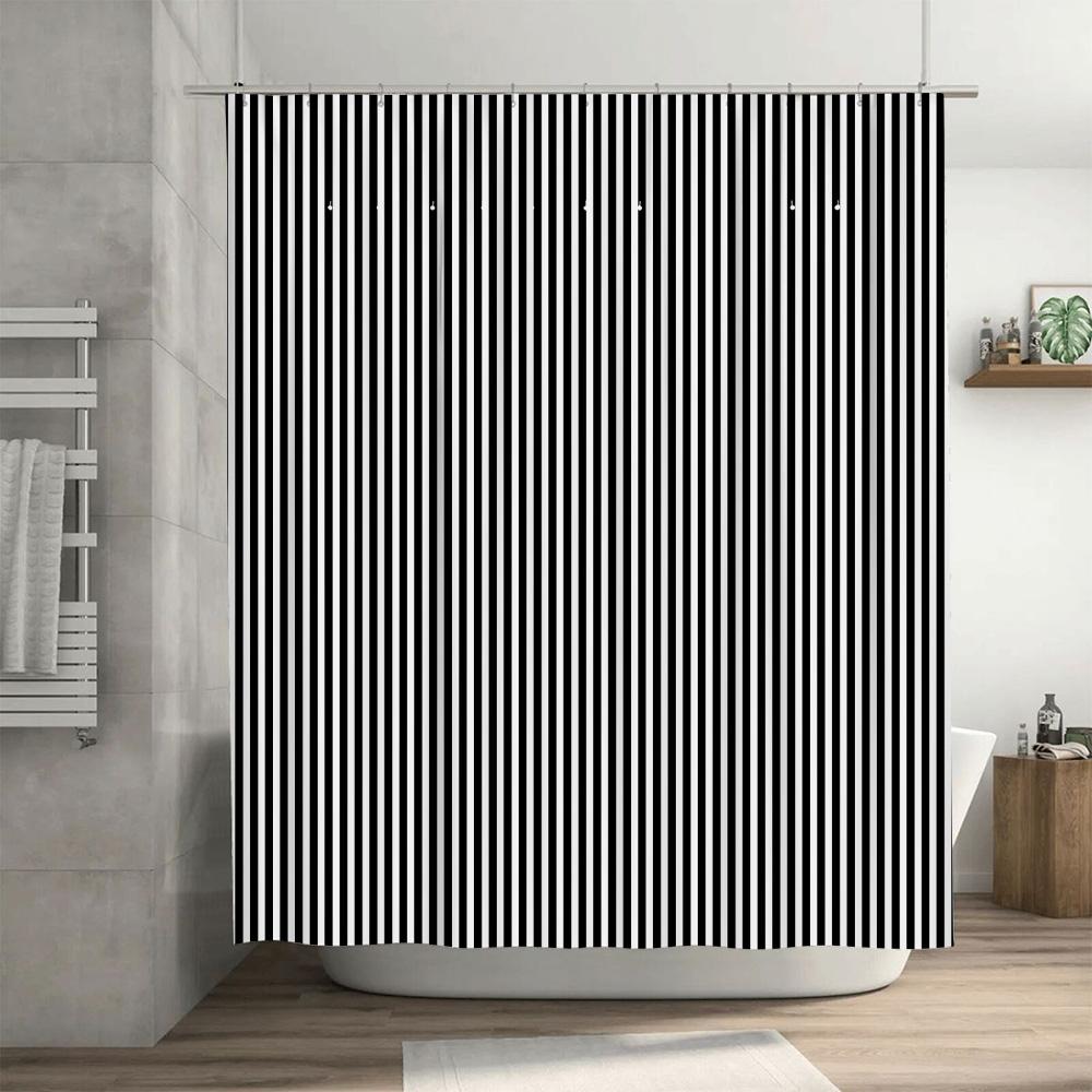 Black And White Striped Waterproof Shower Curtains With A Water Repellent Coating For Bathroom Decor