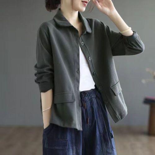 Autumn Blouse Women's Retro Literary Commuter Solid Color Loose Single-breasted Jacket