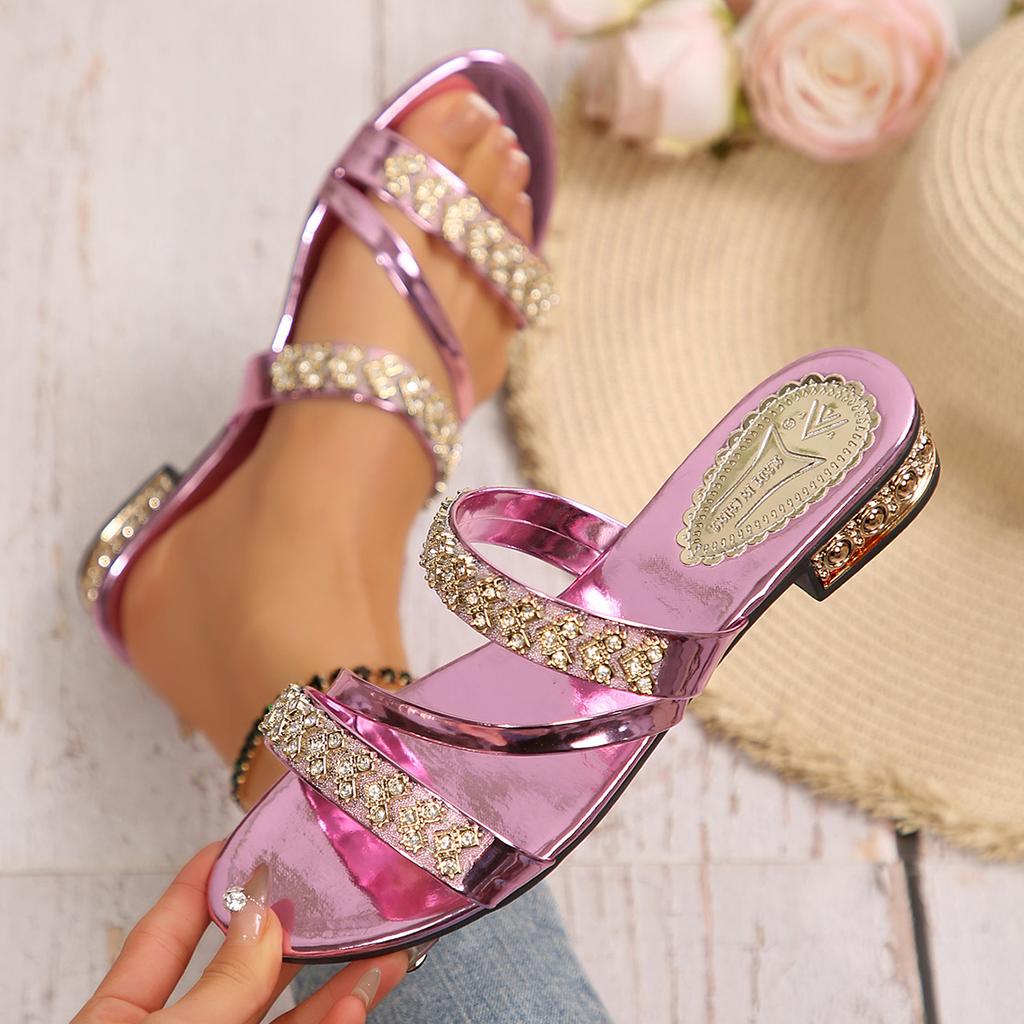 Fashion Mid Heel Slides Women 2025 Women Summer New Rhinestone Strap Luxury Fashion slippers Block Heel Crystal Shoes Open Toe Sandals