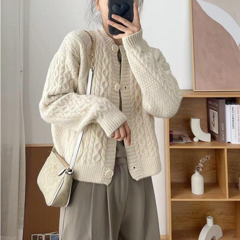 Korean Style Lazy Twist Knit Cardigan Short Round Neck Sweater Coat
