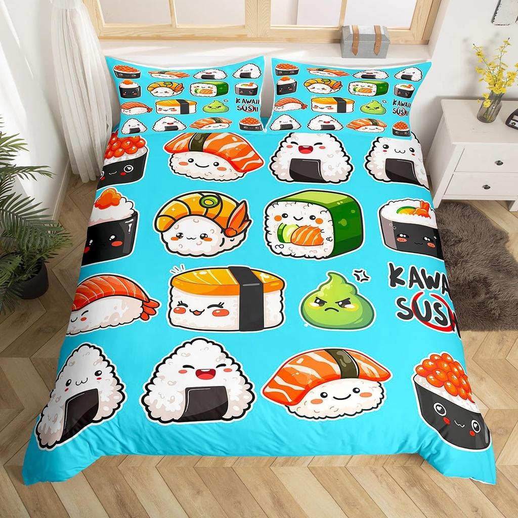 Sushi Duvet Cover Twin Japanese Cherry Blossoms Bedding Set for Girls Boys Room Decor Kawaii Sushi Japan Food Comforter Cover