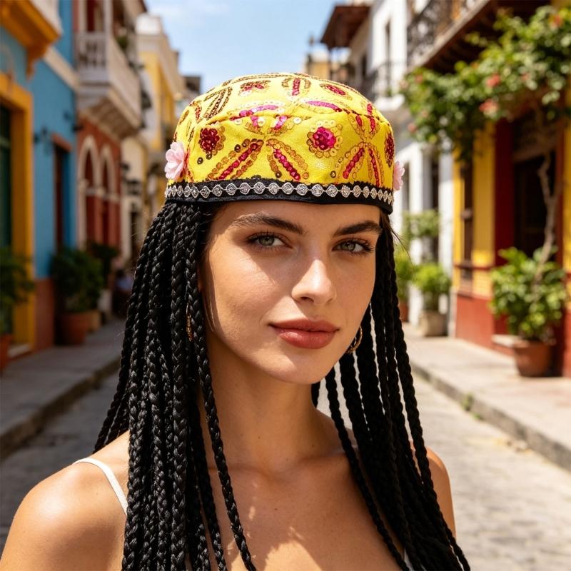 Elegant Beret Cap with Decorative Braids And Sequined Flower Decors Uyghur Hat For Stage Performances and Cultural Event