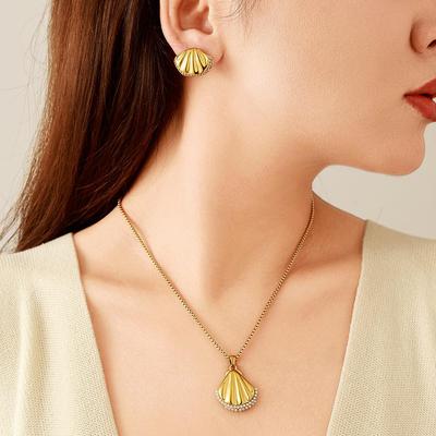 Yingtai 18k Vergoldetes Edelstahl Halskette & Ohrringe Set mit Diamantakzenten in Muschelform, Damen Europäisches & Amerikanisches Design