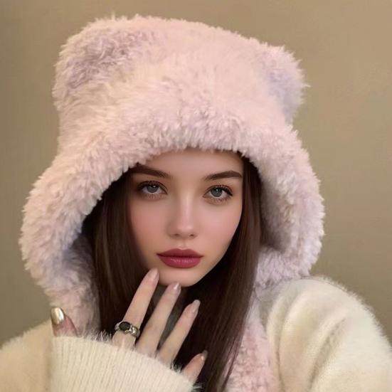 Women Hat Bear Shape Solid Color Winter Knitted Hat with Lace-up Cold Weather Thick Warm Plush Headwear