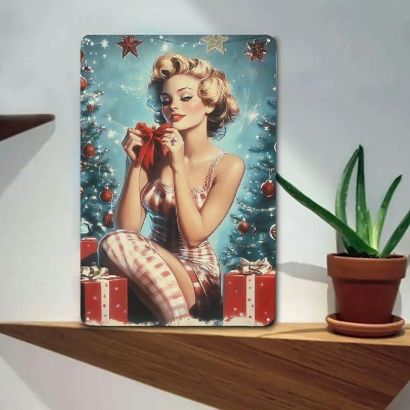 Noel Pin-Up Kızları Metal Tabela, Ofis Hediyesi Duvar Dekoru 20x30cm