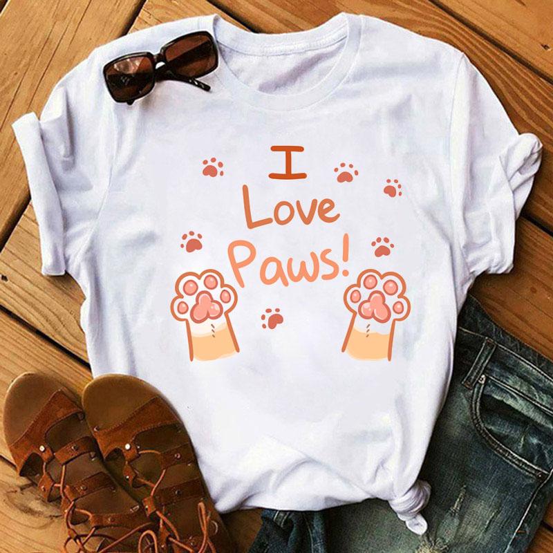 Fashion Women T-Shirt Cartoon Tee Shirts Watercolor Heart Dog Paw T Shirt Harajuku Tops Tee Short Sleeve Cute Female Tshirts Tee