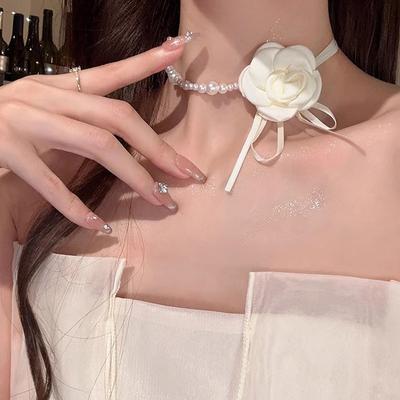 Vintage Camellia Flower Pearl Necklace Choker Collar Female Super Fairy Temperament Strap Neck Tie Flower Accessories Wholesale