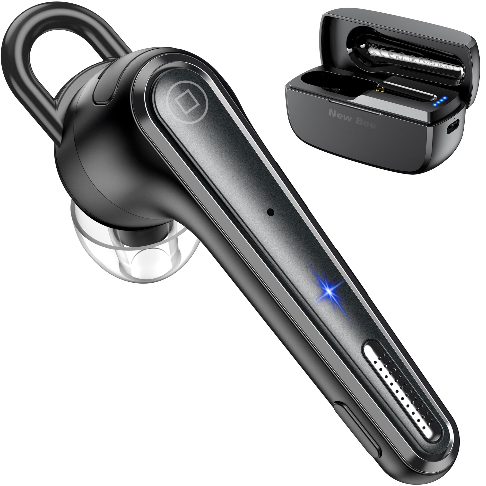 

New Bee Bluetooth Headset, Single Ear, Hands-Free Calling, Ambidextrous, Noise Cancelling, Built-in Microphone, Mute Function, Simultaneous