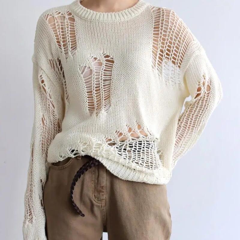 WTEMPO Spring Summer Long-sleeve Hollow-out Breathable Sweaters Solid Color Loose Thin Knitted Pullovers Jumpers Tops