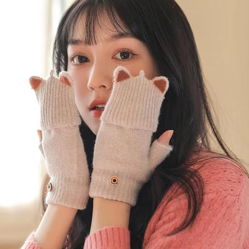 Winter Women Knitted Gloves Thick Woolen Female Mittens Cute Flip Fingerless Exposed Finger Girl Gloves For Cycling Hand Warmer