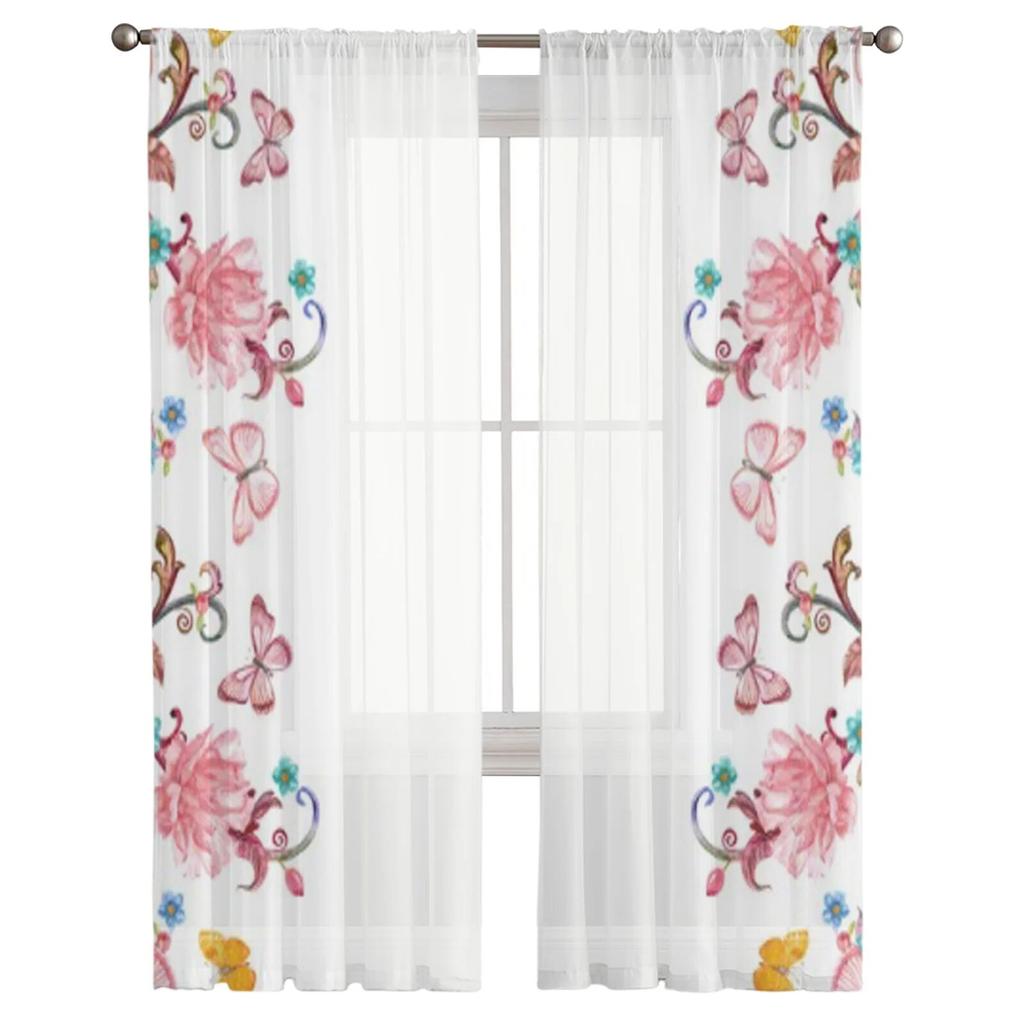 Pink Flowers and Butterflies Tulle Curtains for Living Room Decoration Modern Veil Chiffon Curtains Bedroom Sheer Voile