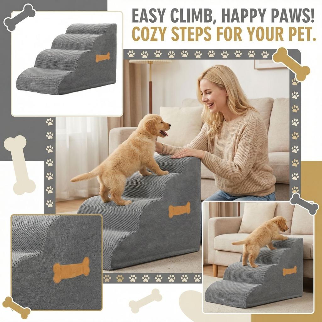 2/3/4-Step Dog Stairs Ramp,  Dog Steps for High Bed Couch Sofa Climbing, 35D Foam Pet Steps for Small Dogs and Cats