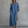 Women's One Shoulder Long Sleeve Maxi Dress, Casual Cotton Linen Long Tunic Dress, Side Slit Summer Loose Dress with Pockets