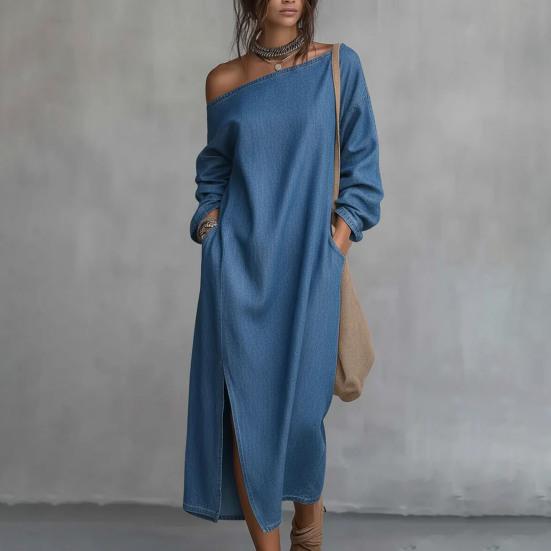 Women's One Shoulder Long Sleeve Maxi Dress, Casual Cotton Linen Long Tunic Dress, Side Slit Summer Loose Dress with Pockets