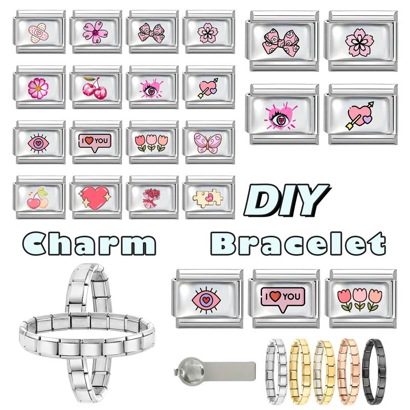 Sweet Pink Flowers Girls' Eye Cherry Star Bow Love Charm Link Fit 9mm Stainless Steel Bracelet Women Men Making DIY Jewelry Gift
