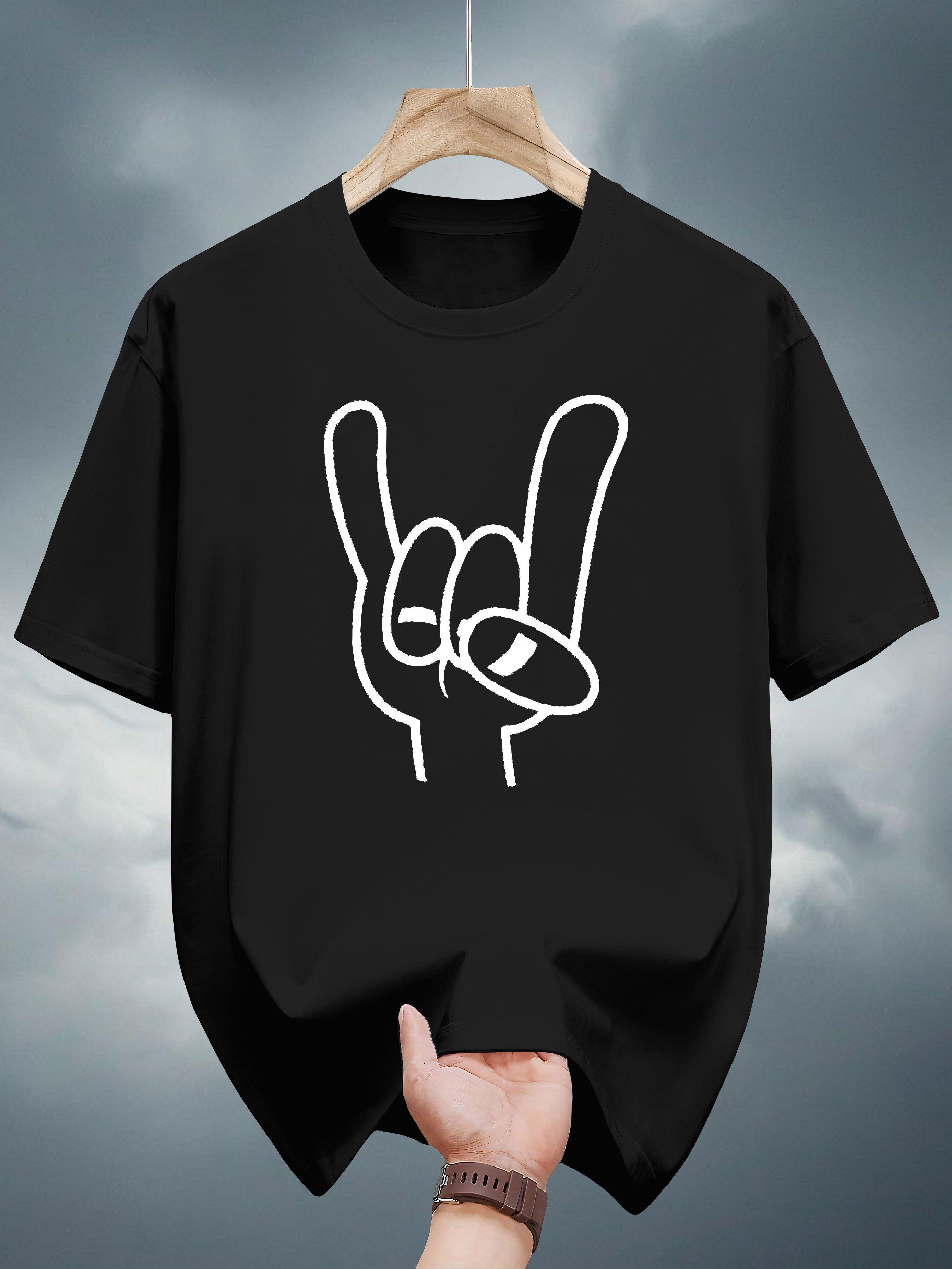 T-shirt with White Rock On Hand Gesture Graphic Print - Black Casual Summer Tee S