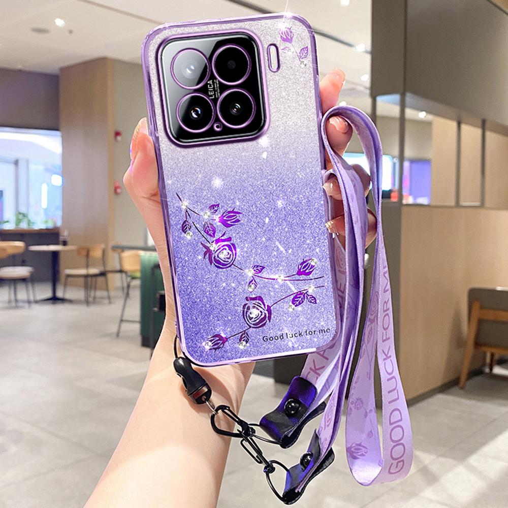 

For Xiaomi 15 Case Flower Pattern TPU Gradient Phone Cover with Lanyards Purple