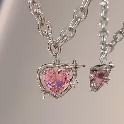 High-End Pink Rhinestone Heart Pendant Clavicle Chain Necklace