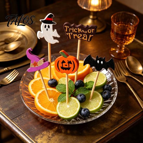 Festive Fruit Skewers 100PCS Halloween Bamboo Toothpicks, Cute Tree Shaped Disposable Skewers, Cocktail Picks Decorative Dessert Toppers for