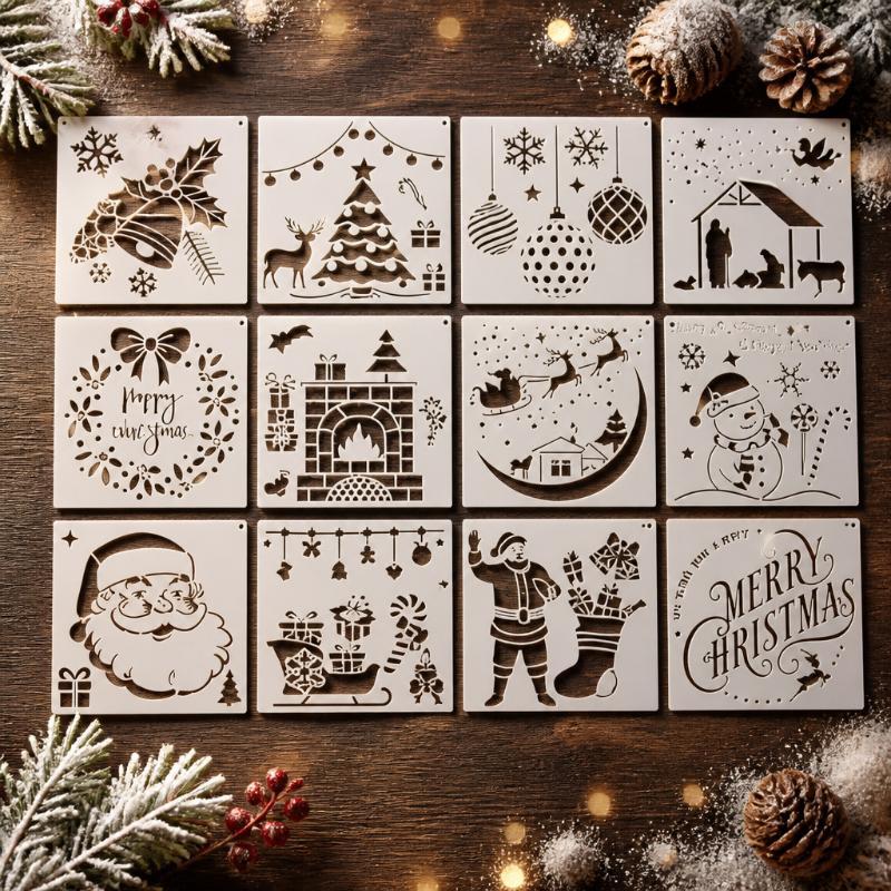12/16Pcs Christmas Series Painting Stencils Reusable Washable For Watercolor Stone Graffiti And More