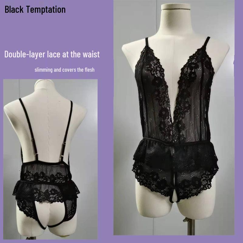 8282 Transparentes Spitzen-Dessous-Set mit offenem Schritt