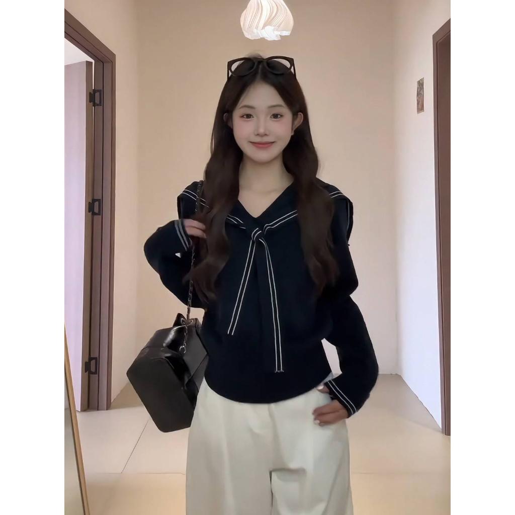 Autumn and Winter Navy Collar Sweater Top Niche Trend Shawl Slim Short Design Sense Inside Knitted Sweater Women