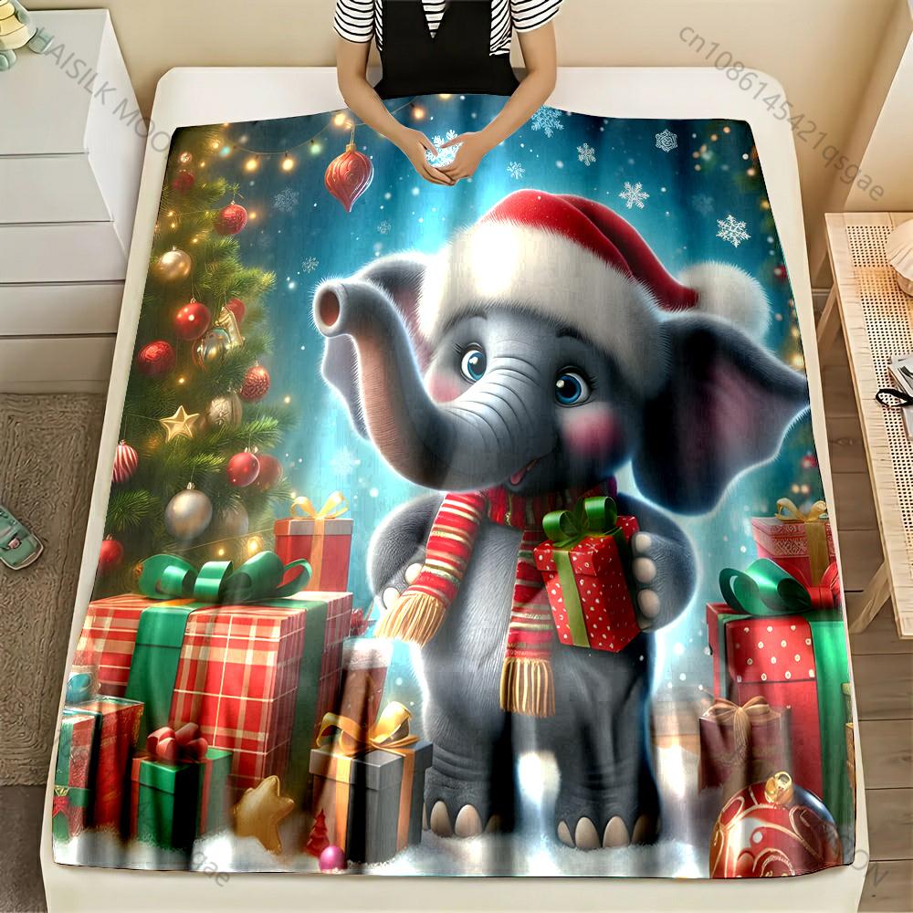 Christmas Elephant with Presents Pattern Blanket Flannel Material Soft Warm for All Seasons,For Home Outdoor Camping Picnics RV
