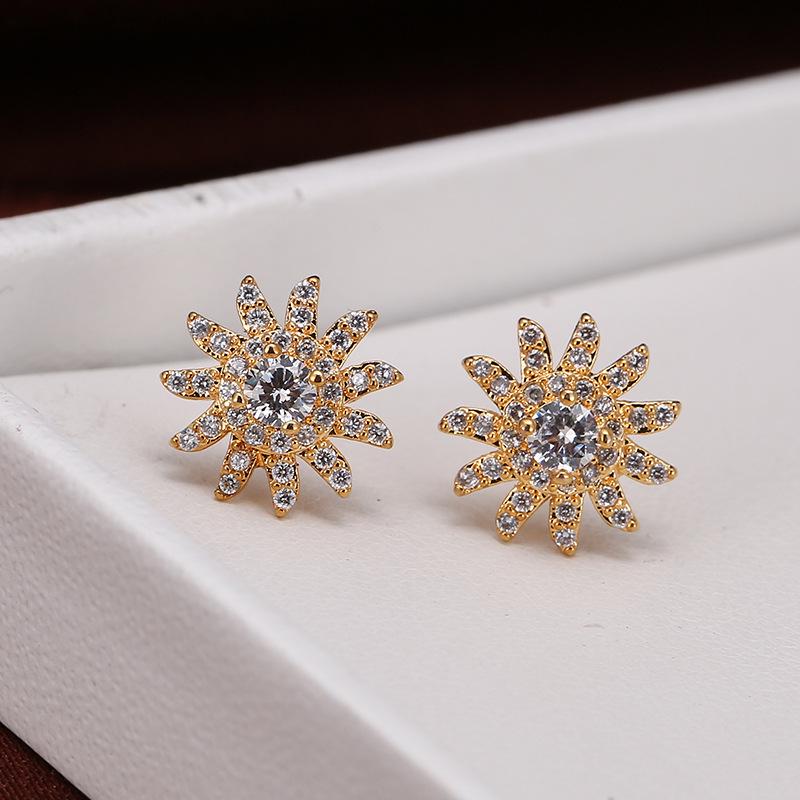 European and American Sunflower Copper Ear Studs: Exquisite Geometric Rhinestone Inlaid Women s Earrings