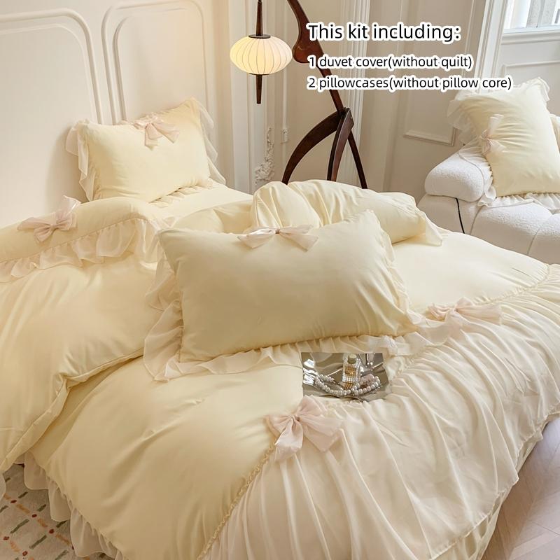 3pcs White Bedding Set Ruffles Duvet Cover Set (1*Duvet Cover + 2*Pillowcase, Without Core)for Bedroom Guest Room