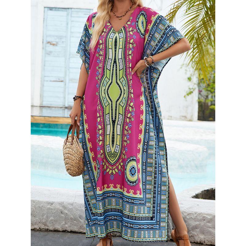 Bohemia Summer Fashion V Neck Positioning Print Loose Djellaba Beach Vacation Bikini Sun Protective Blouse