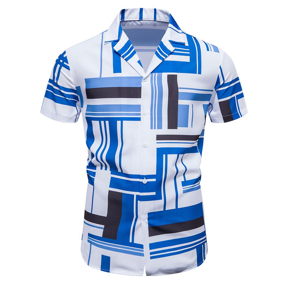Summer New Men's Casual Short-sleeved Shirt Contrasting Print Hawaiian Style Lapel Top Short-sleeved