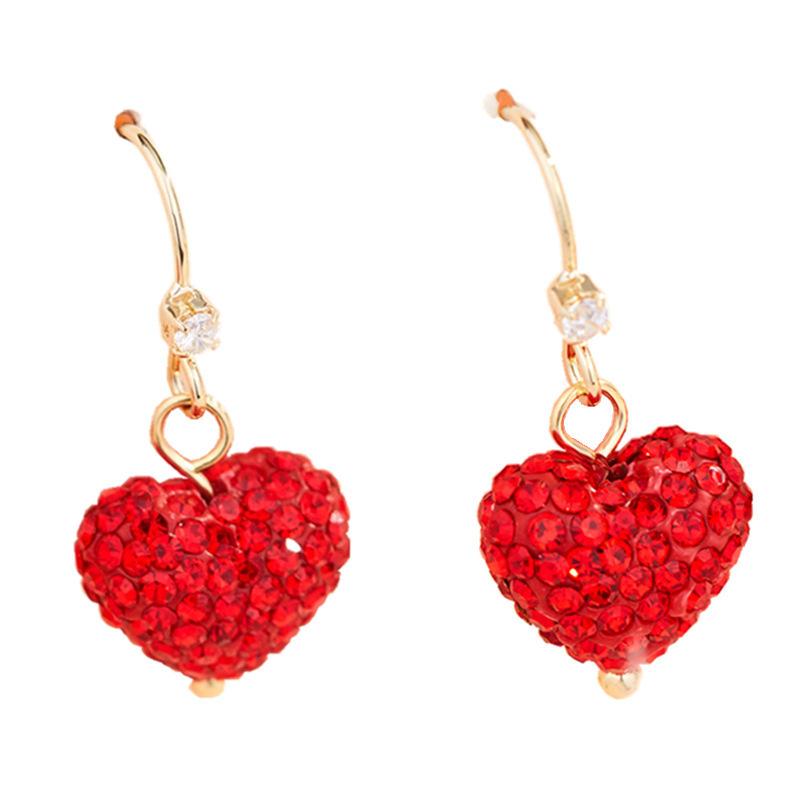 S925 Silver Needle Heart Earrings Full Diamond Valentine's Day Elegant Light Luxury Red Inlaid Diamond Earrings Niche Design Sense Stud Earrings