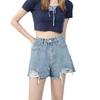 Pantaloncini di jeans casual strappati e versatili da donna alla moda a vita alta da celebrità di Internet con bordo grezzo gamba larga Hot Pants