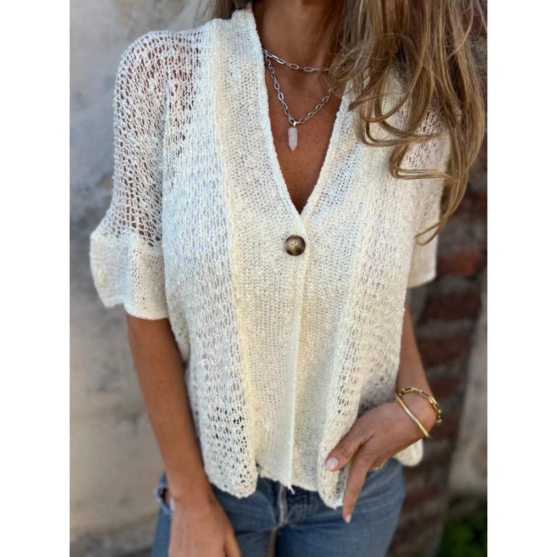 

Независимый новый женский весенне-осенний кардиган с ажурной вязкой на одной пуговице, с рукавом средней длины XXXL белый