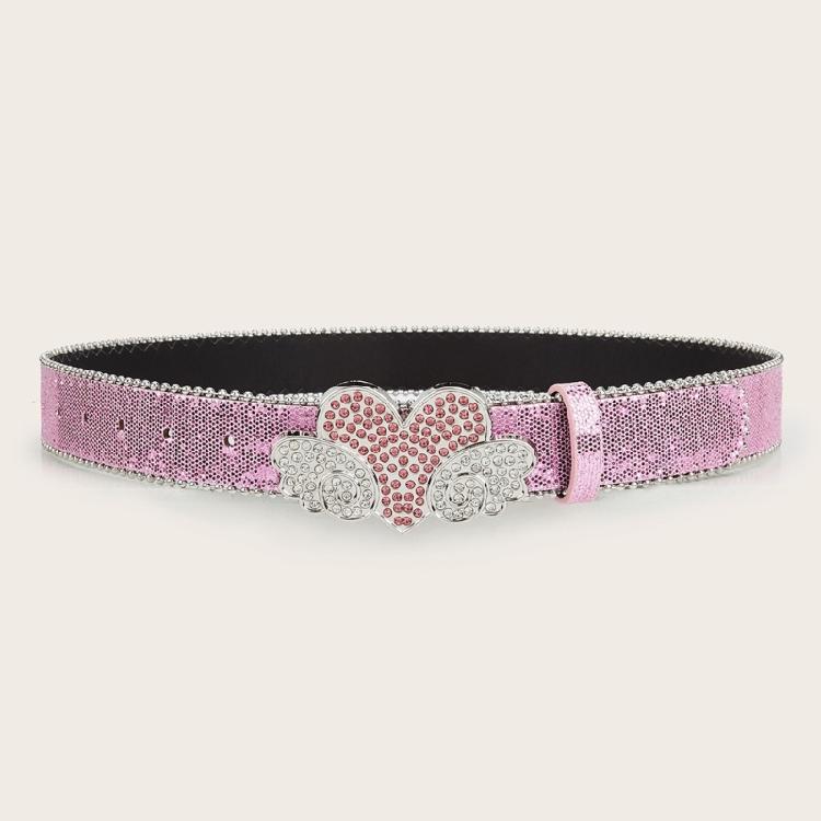 Adjust Belt with Heart&Wing Buckle for Girl Full Sequins Belt for Jeans Cowgirl
