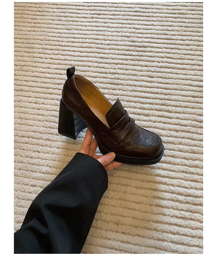 [Spot~~] Retro British style women's shoes high-heeled small leather shoes women's platform one-pedal loafers thick-heeled single shoes