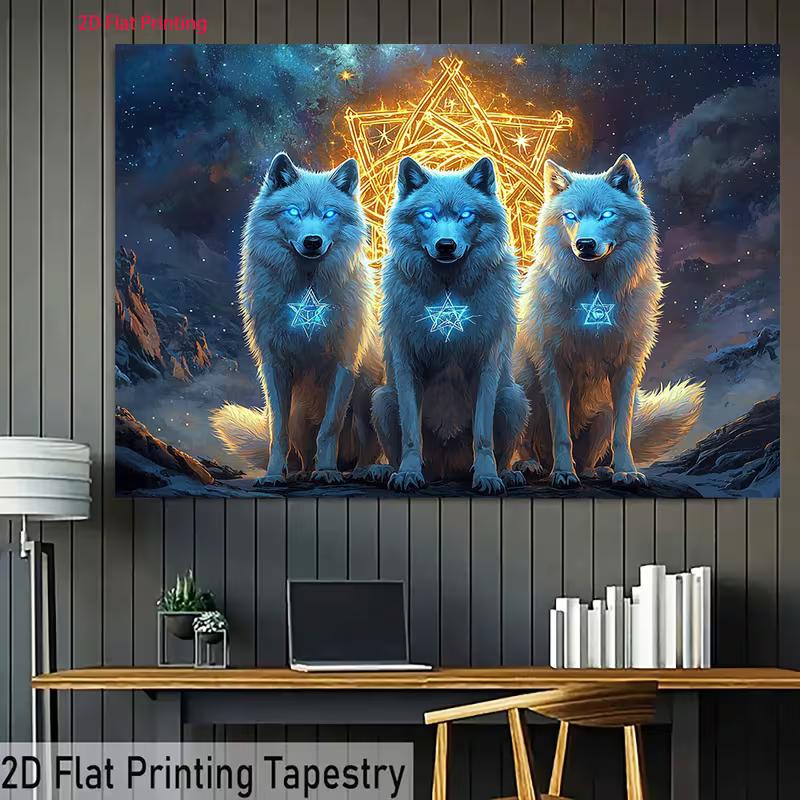 2D Glowing Blue Eyes Wolf Mystic Astrology Backdrop Gothic Party Decor Background Cloth