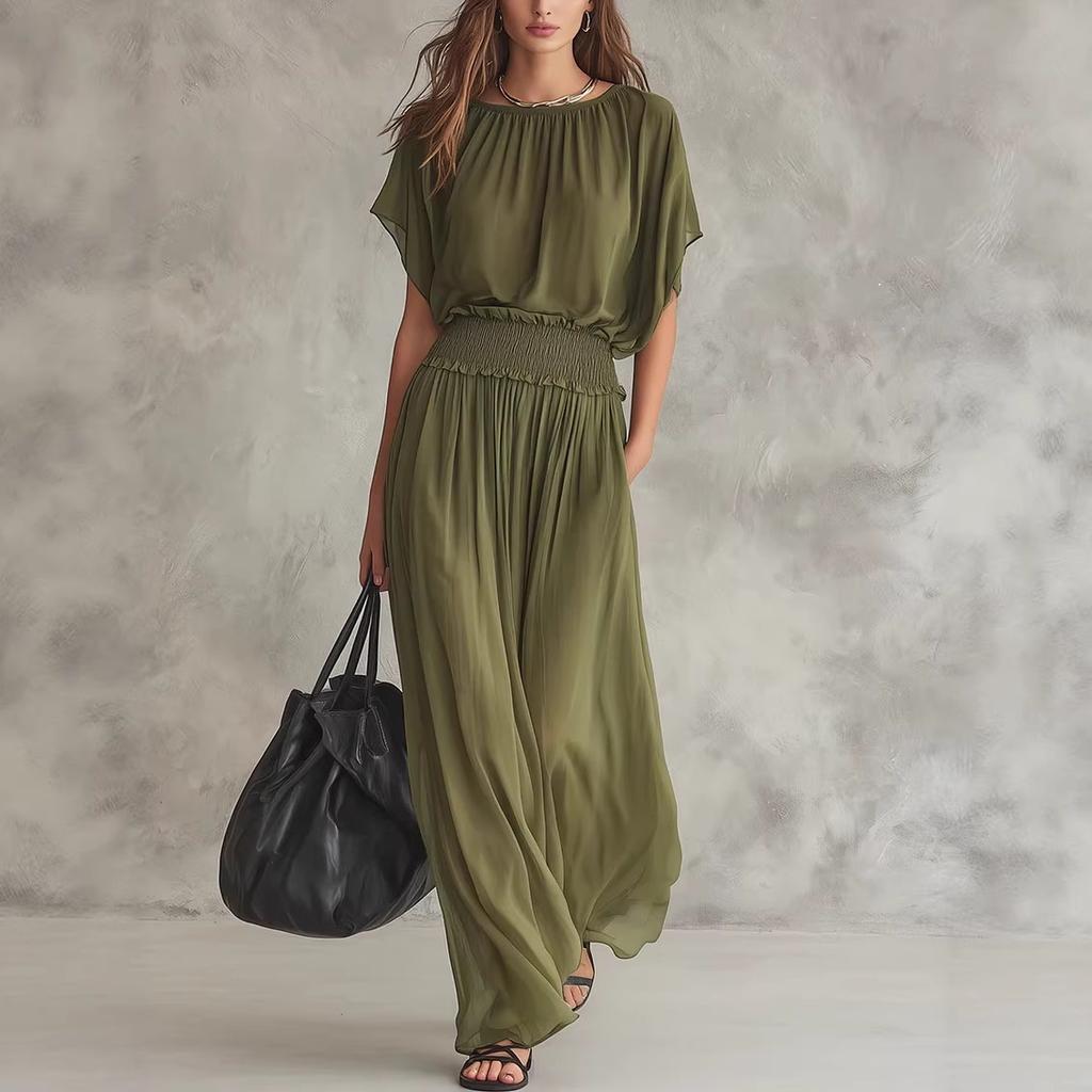 2026 new summer European and American chiffon waist collection elegant exquisite long dress