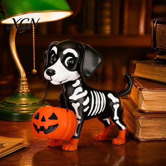 Milchtee Geist Geschenk Halloween Figur, Niedliche Lese Statue, Ornament mit Harz Sammlerstück Kürbis Eimer, Skelett Welpe Tischdeko