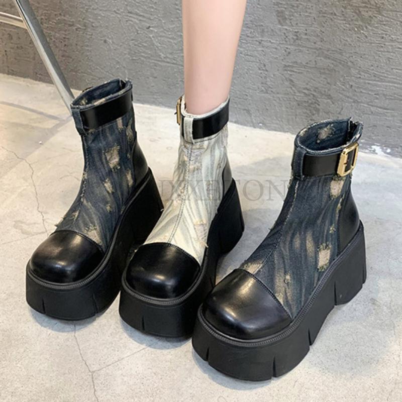 fashion Genuine Leather Denim Booties Autumn Spring Women Motorcycle Ankle Boots Platform Fashion Mid Calf Thick Heels Shoes