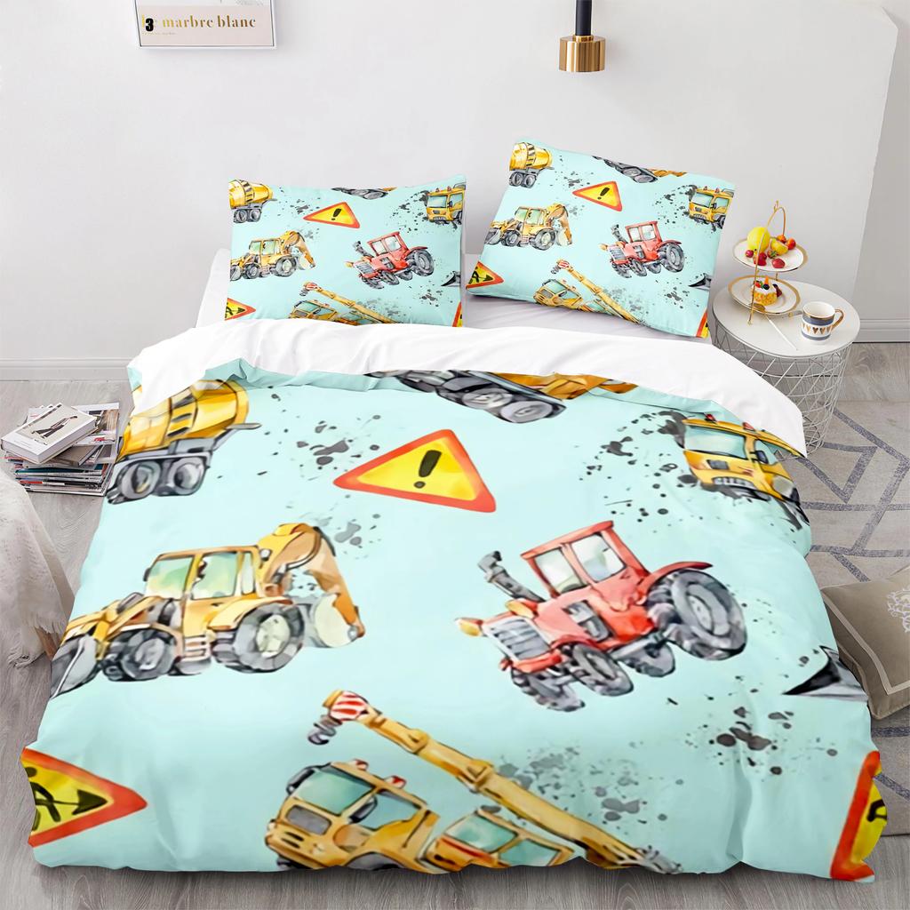 Cartoon Tractor King Queen Duvet Cover Watercolor Style Excavator Bedding Set For Kids Machinery Bulldozer Polyester Quilt Cover