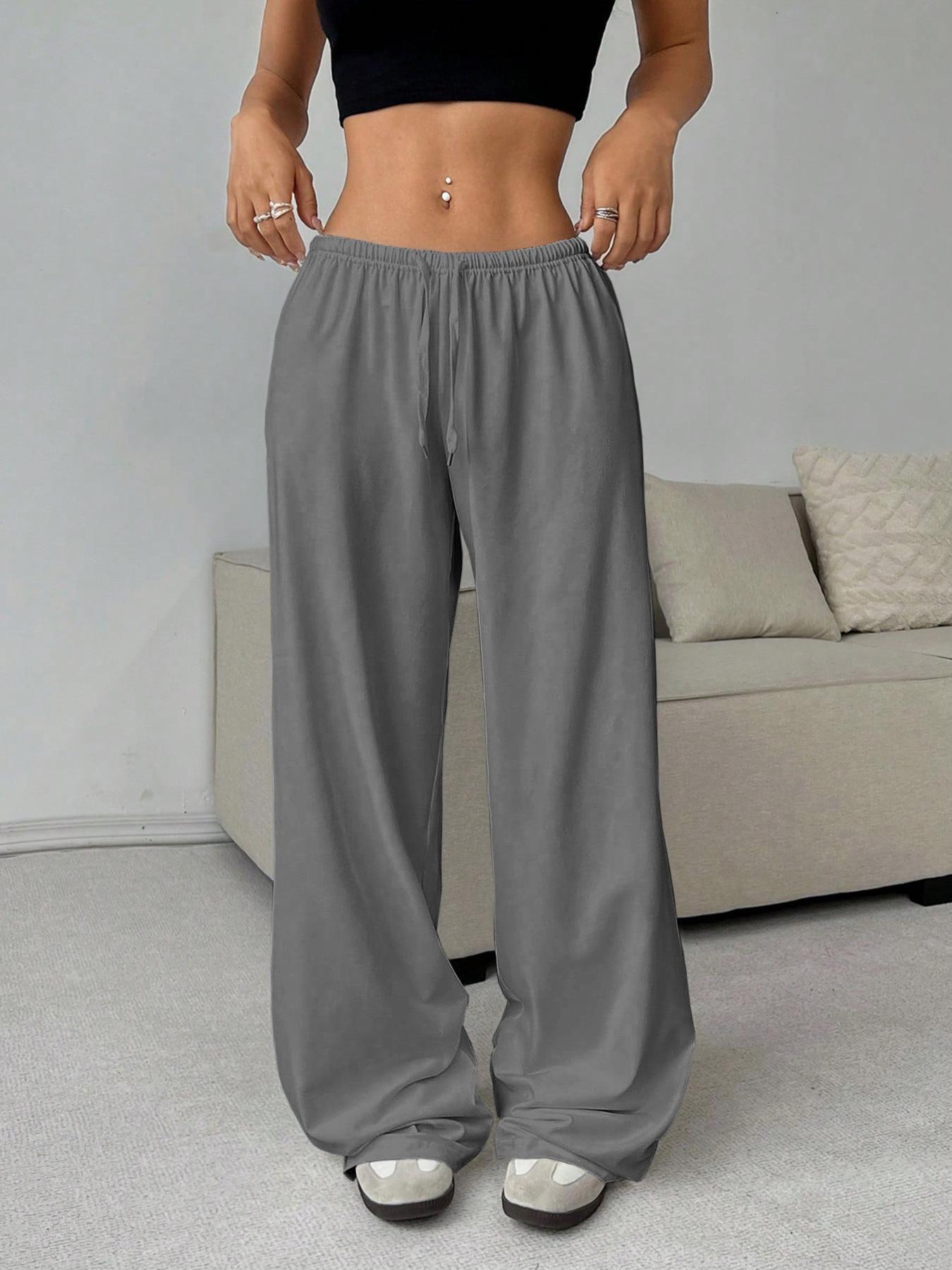 Women s 2025 Cross-Border European and American Wide-Leg Elastic Waist Lace-Up Casual Long Pants - Solid Color Medium