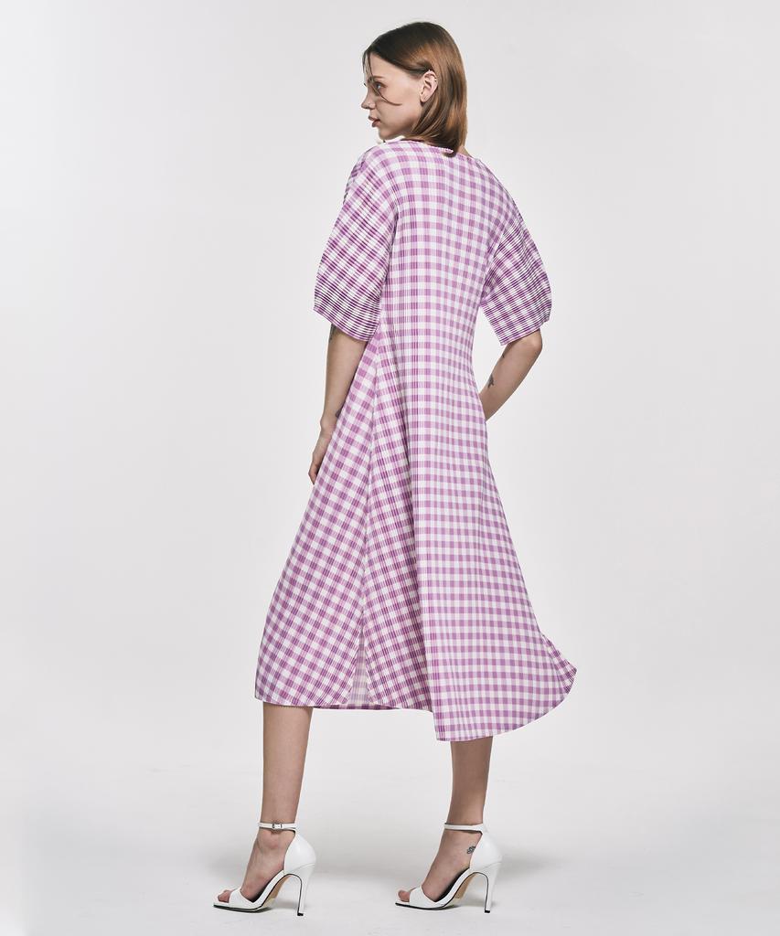 Waiowai Gingham Check Short Sleeve Pleated Long Dress_2 Colors