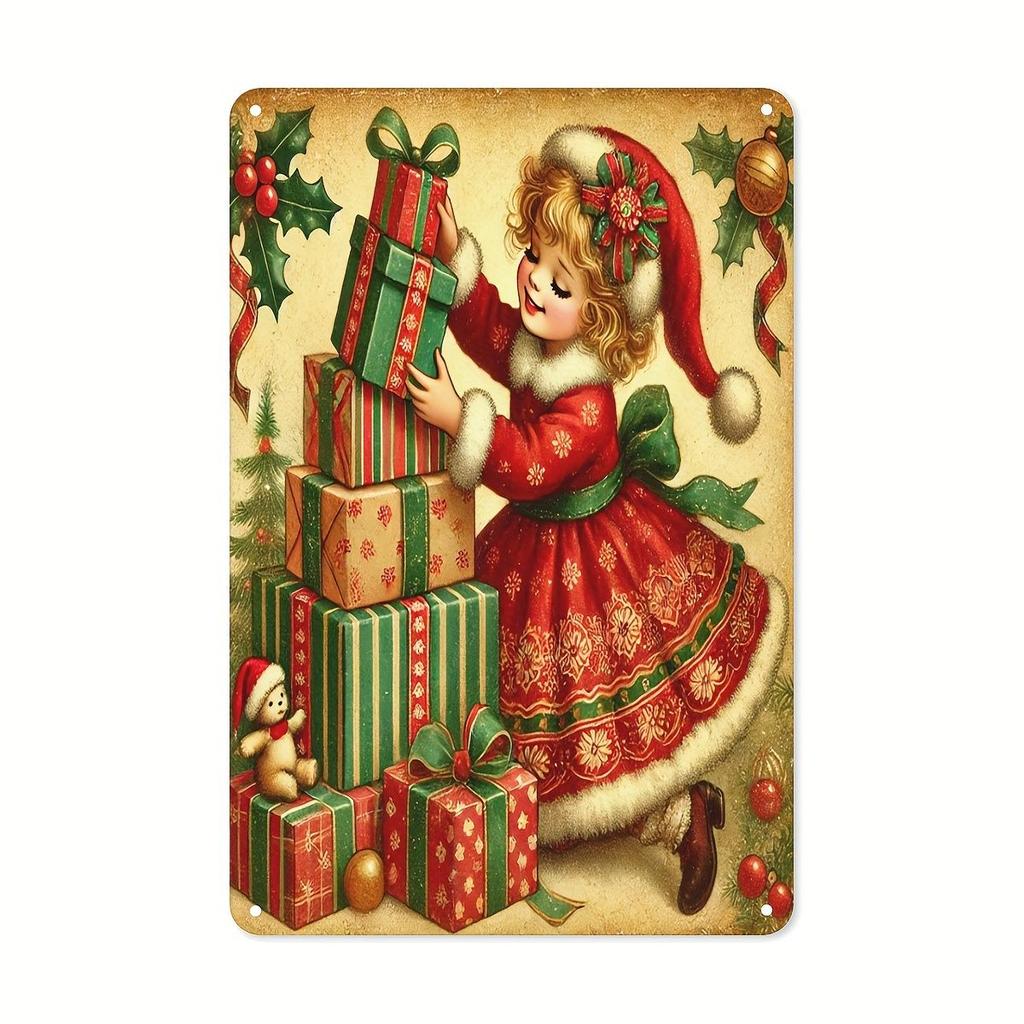 Weihnachts-Blechschild 2D Flache Wanddeko Metallplatte Hängendes Ornament Mädchen