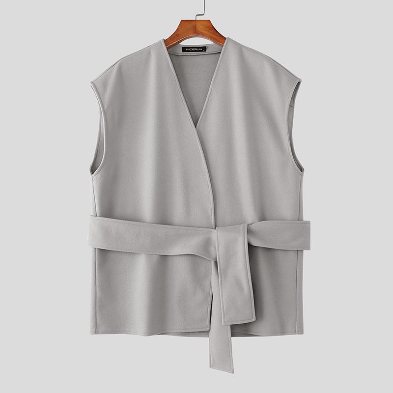 INCERUN Men Sleeveless Belt Waist Casual Loose Waistcoat Vest Suit Blazer