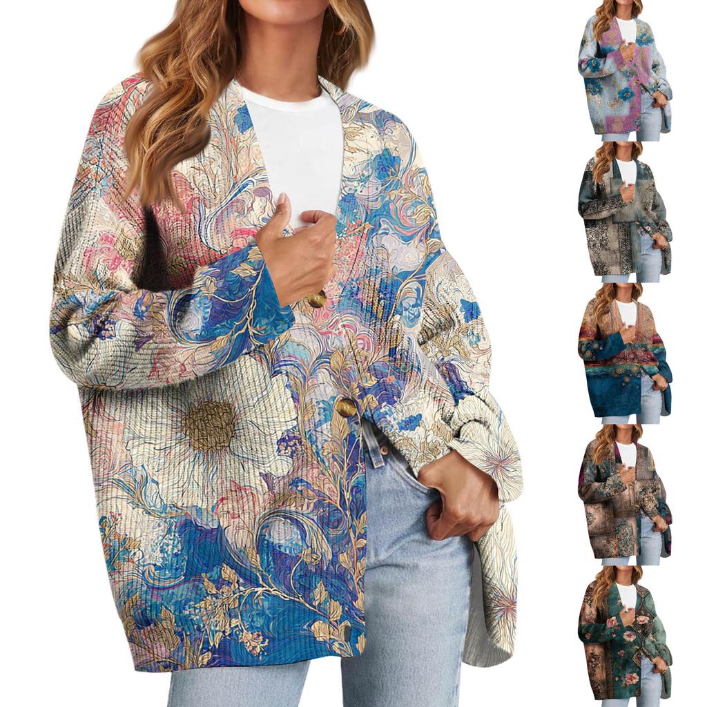 Dame Mote Langermet Juleprint V-Hals Knapper Løs Cardigan Topp