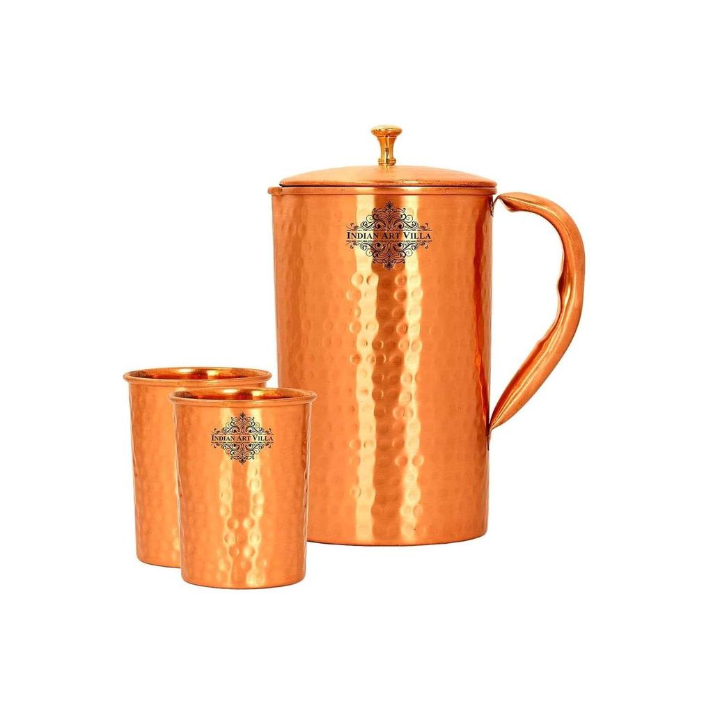 Pure Copper Drinkware Gift Set of 1 Jug & 2 Glass with Gift Box & Hammered Matt Finish Design, Gifting Item for Diwali, Jug-1.5 Liter & Glass-300 ML