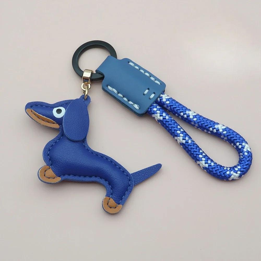 Custom Number Sausage Dog Leather Keychain Pendant Personalized Cartoon Keyring with Braid Rope Bag Car Key Ring