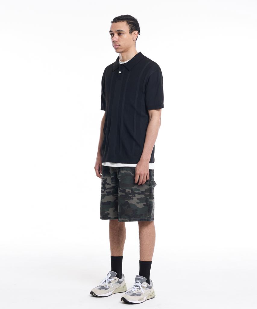 CREAM SODA LAB Daily Striped Collared Short Sleeve Knit Black